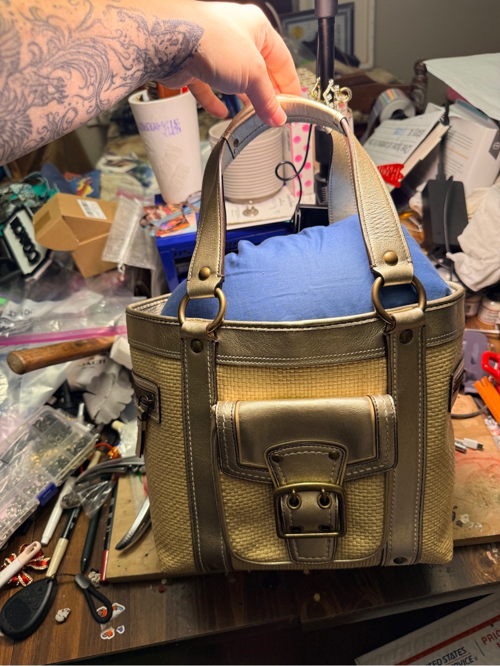 Coach Straw and Metallic Leather Tote - Beige & Gold